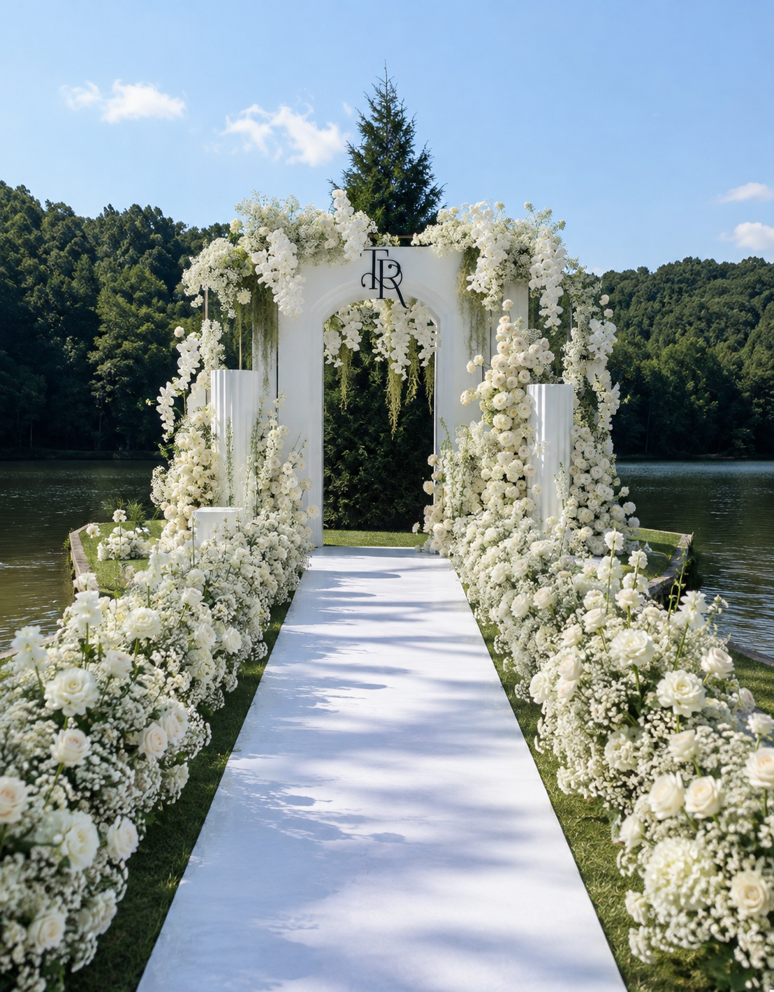 White floral lakeside wedding arch and aisle